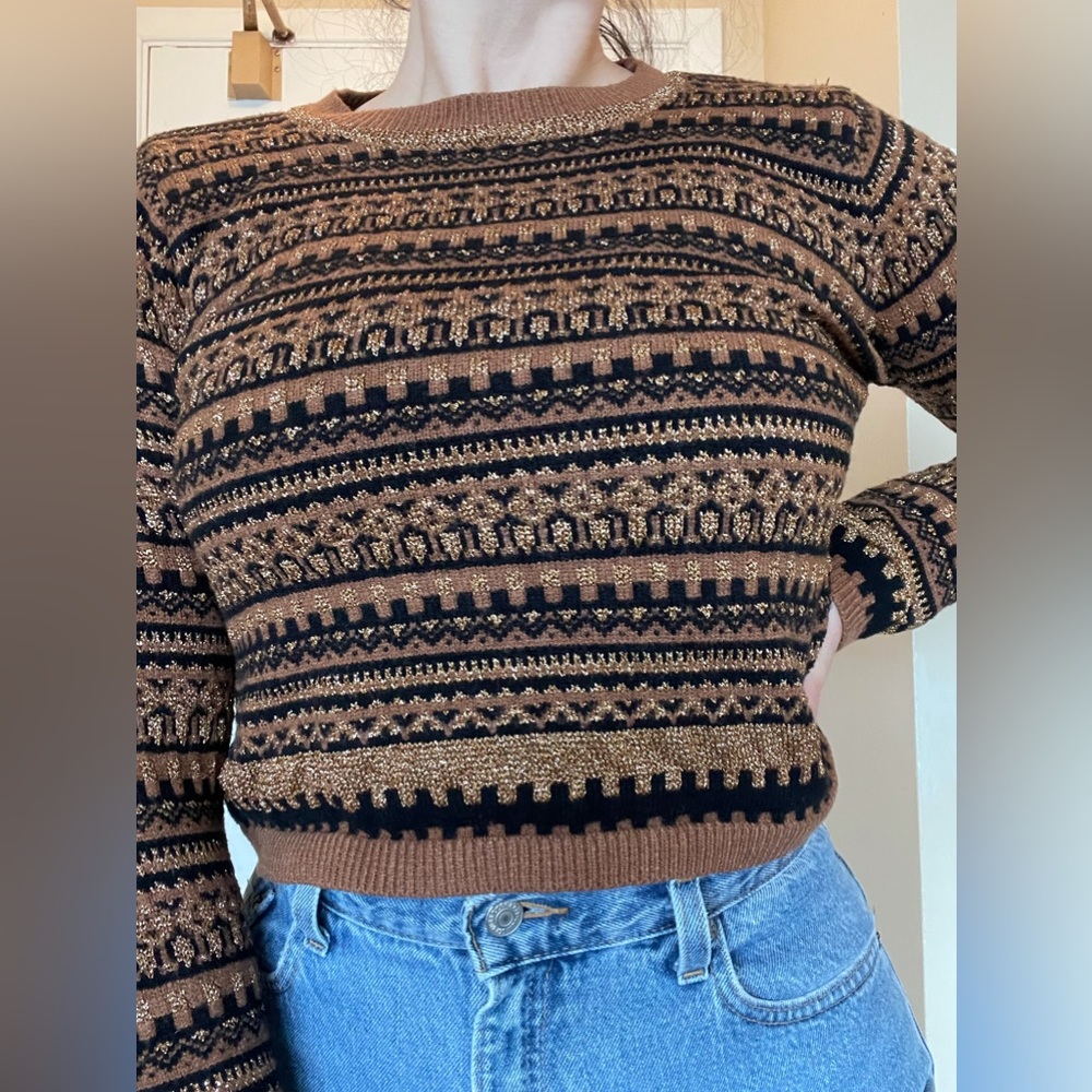 90s Vintage Tweed Shiny Gold Cropped Sweater